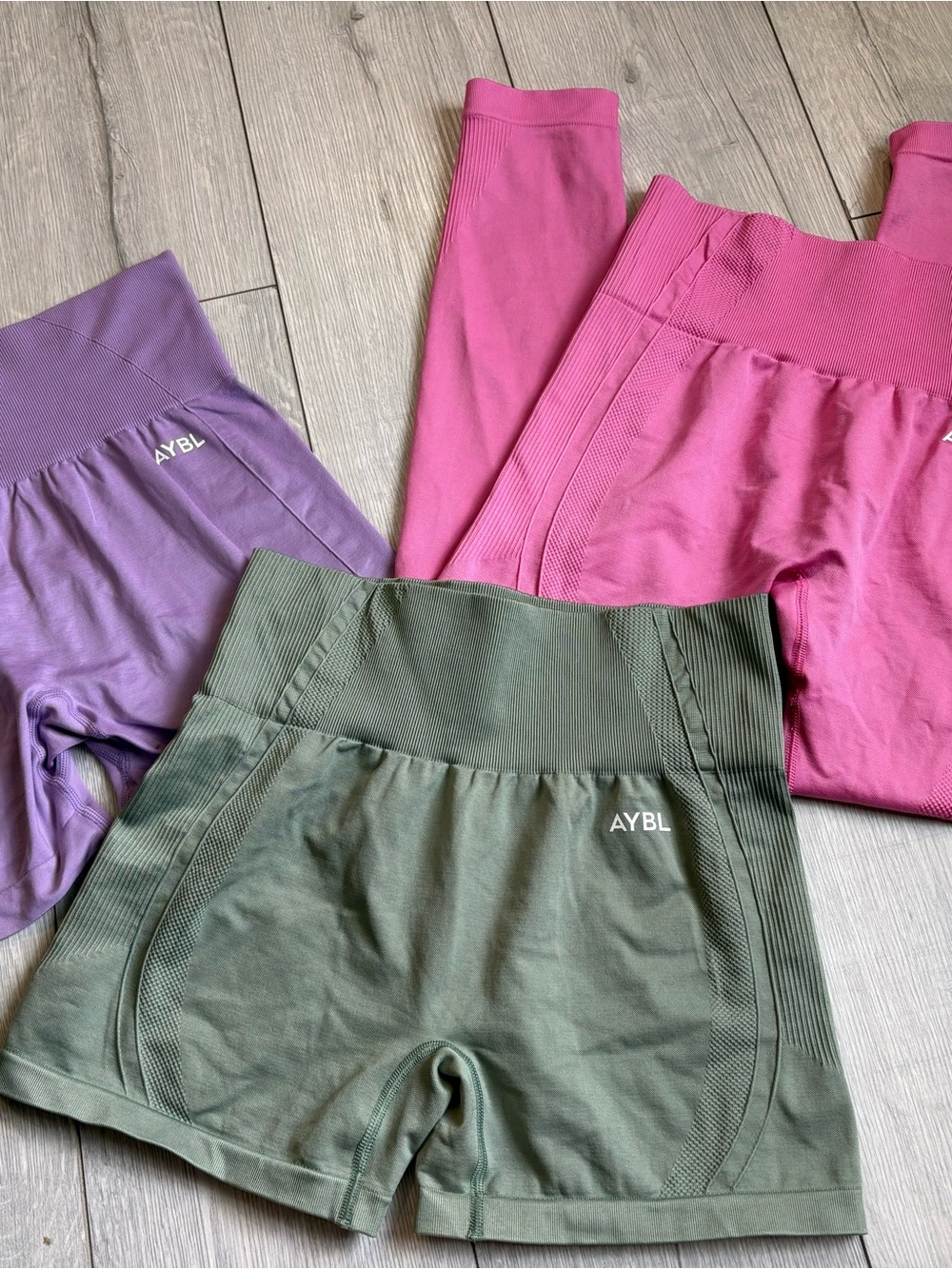 NWOT AYBL Workout Activewear Trio — Green Shorts, Pink Leggings, Purple Shorts
